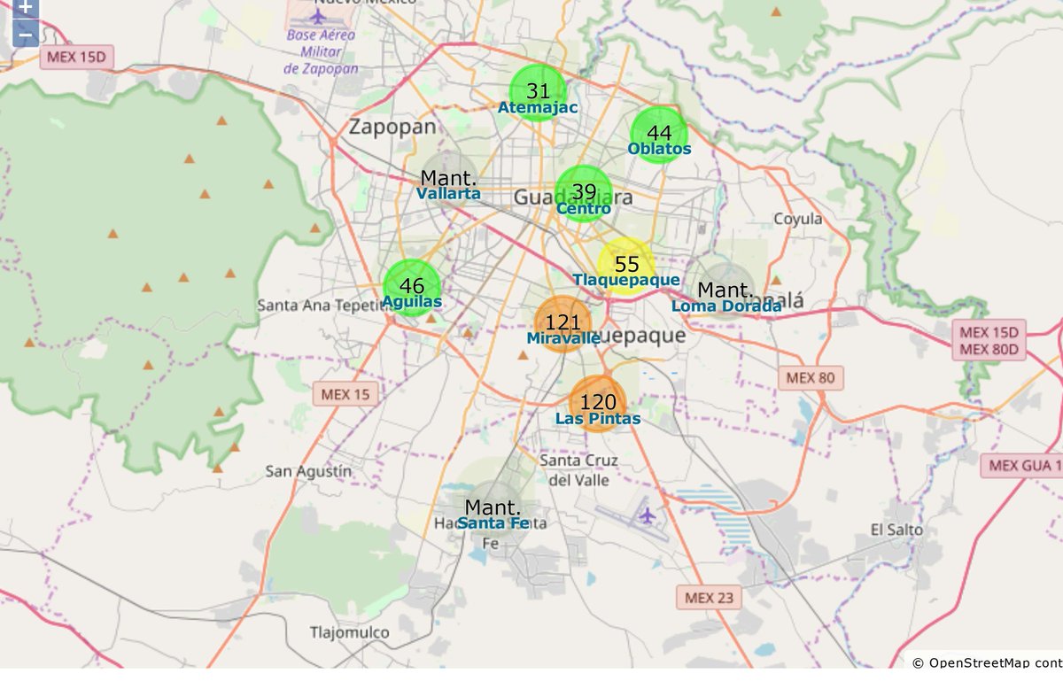 AireGDL's tweet photo. MALA: Miravalle (121) y Las Pintas (120).
REGULAR: Tlaquepaque (55).
BUENA: Atemajac (31), Centro (39), Las Águilas (46) y Oblatos (44).
https://t.co/4IOQDyQ4uf 19h https://t.co/1Rdqoe8O0T