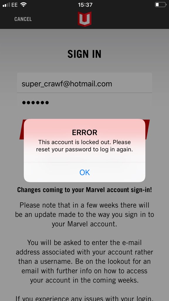 D_CRAWFORTH's tweet photo. @xJustFriends @MarvelSupport I’m just stuck in a loop of deleting the app, resetting password, then getting this message 🤦‍♂️ https://t.co/g5cW1dHBxq