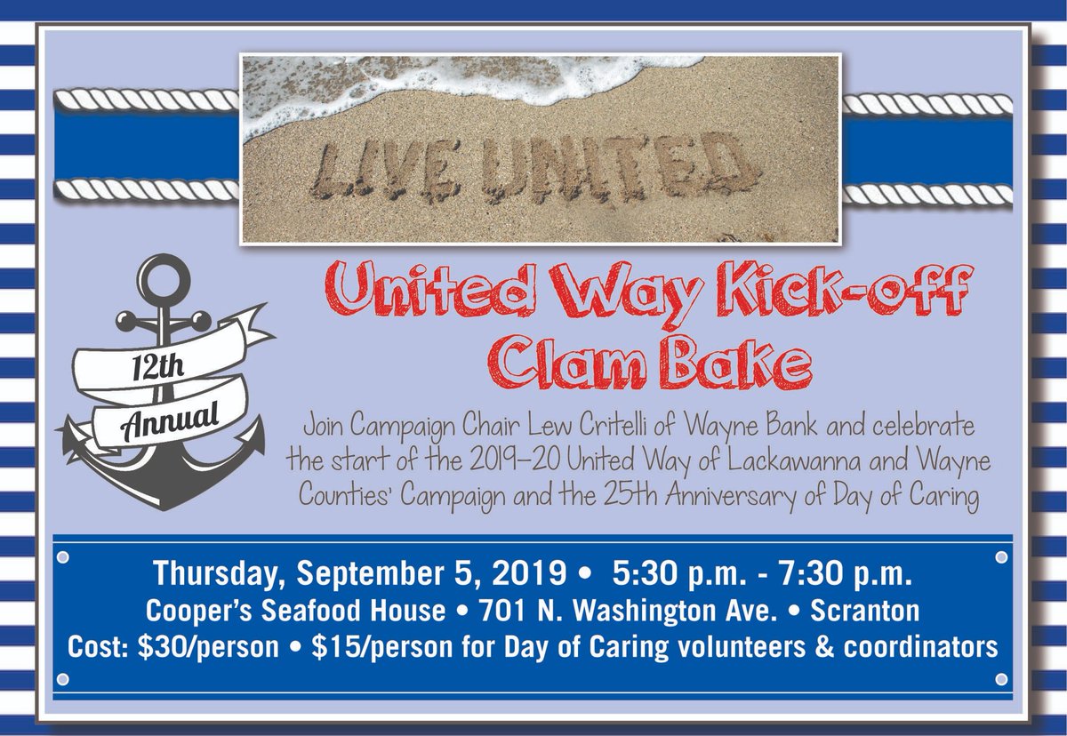 uwlwc's tweet photo. Mark your calendars for Thursday, September 5th at 5:30 p.m. and plan to join us @CoopersSeafood in #Scranton for the 12th Annual United Way Campaign Kickoff Clam Bake and Day of Caring Celebration!

RSVP here ➡️ https://t.co/7A5uDp5jZY

#WereAllInThisTogether #LiveUnited https://t.co/6LHUYi3iBO