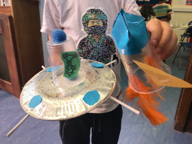 BarnetLibraries's tweet photo. Check out the wonderful creations made by the children at #NorthFinchleyLibrary Space Chase Fun session. They now have a selection of planets, aliens & spaceships on display! Hop into your spaceship today & check them out and grab a book while you are there! @readingagency https://t.co/BjBnfsZ1ev