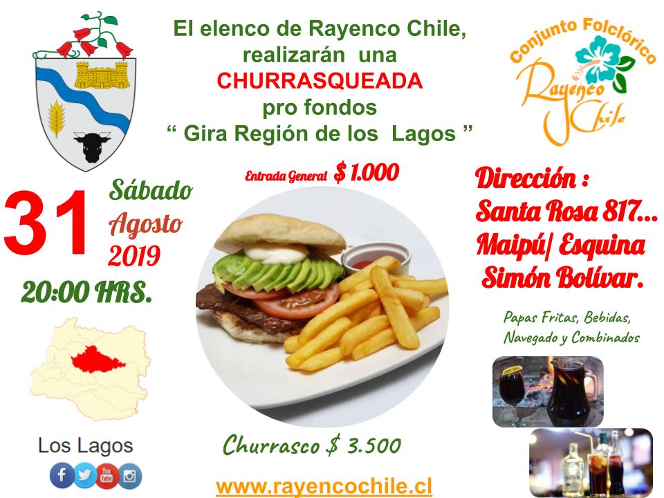 Rayencochile's tweet photo. El elenco de Rayenco Chile, realizarán una CHURRASQUEADA para reunir recursos “ Gira región de los Lagos 2019”  
Dirección : Santa Rosa 817... Maipú / Esquina Simón Bolívar.
SÁBADO 31 de agosto 2019 horario:20:00😄 Hrs. https://t.co/X9HI4tpJoV