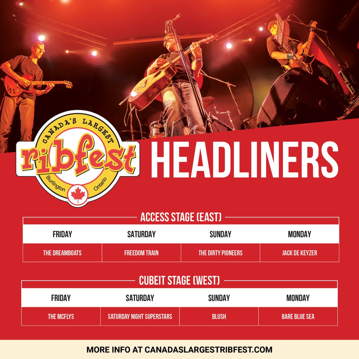 🎸 We are ready to rock this weekend! Catch headliners, The Dreamboats, <a href="/FreedomTrain/">Freedom Train</a>, The Dirty Pioneers, <a href="/jackdekeyzer/">Jack de Keyzer</a>, The McFlys,<a href="/snsuperstars/">Sat Night Superstars</a>, <a href="/HelloBlushBand/">Blush | Toronto Cover Band</a> and <a href="/BareBlueSeaBand/">Bare Blue Sea</a> all weekend long at Canada's Largest Ribfest  #MoreThanRibs #BurlON