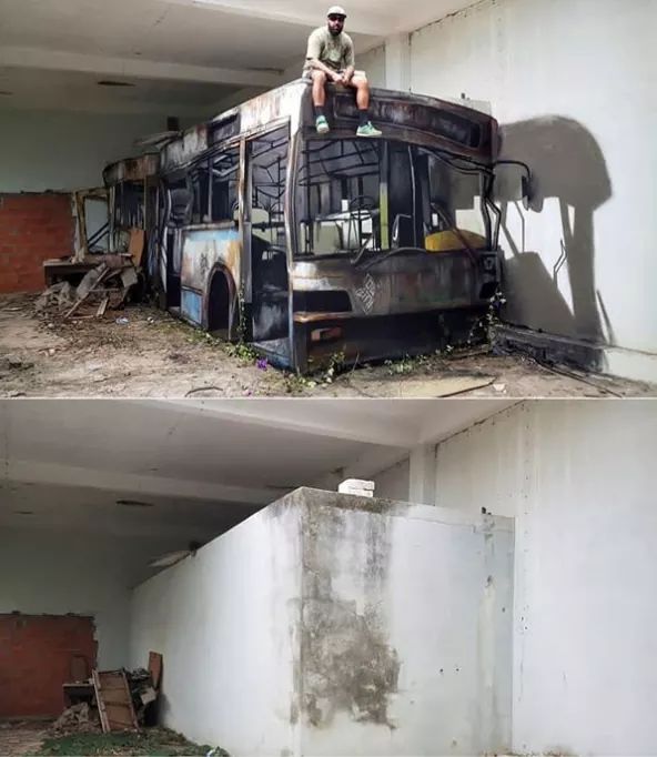 Talented Hyper Realistic Artist Odeith Paints Wall Block To Look Like A Wrecked Bus!!! Kindly retweet if you think this is dope