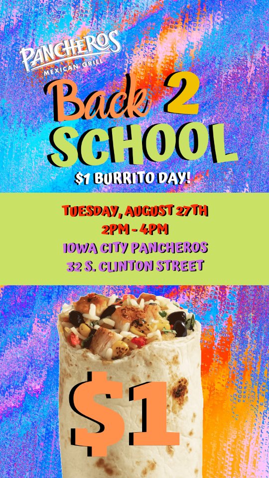 UIDM's tweet photo. Did you hear- Panchero's has burritos for only $1! And all those proceeds go straight to Dance Marathon!! Take your lunch break to make a difference and eat a yummy burrito! https://t.co/yLRsMro8Mn