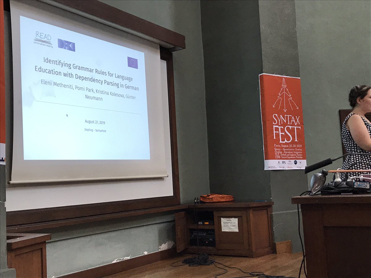 zehavoc's tweet image. Just started #SyntaxFest2019 talk on identifying grammar rules with dependency parsing (L2 learners target) by Elena MEtheniti