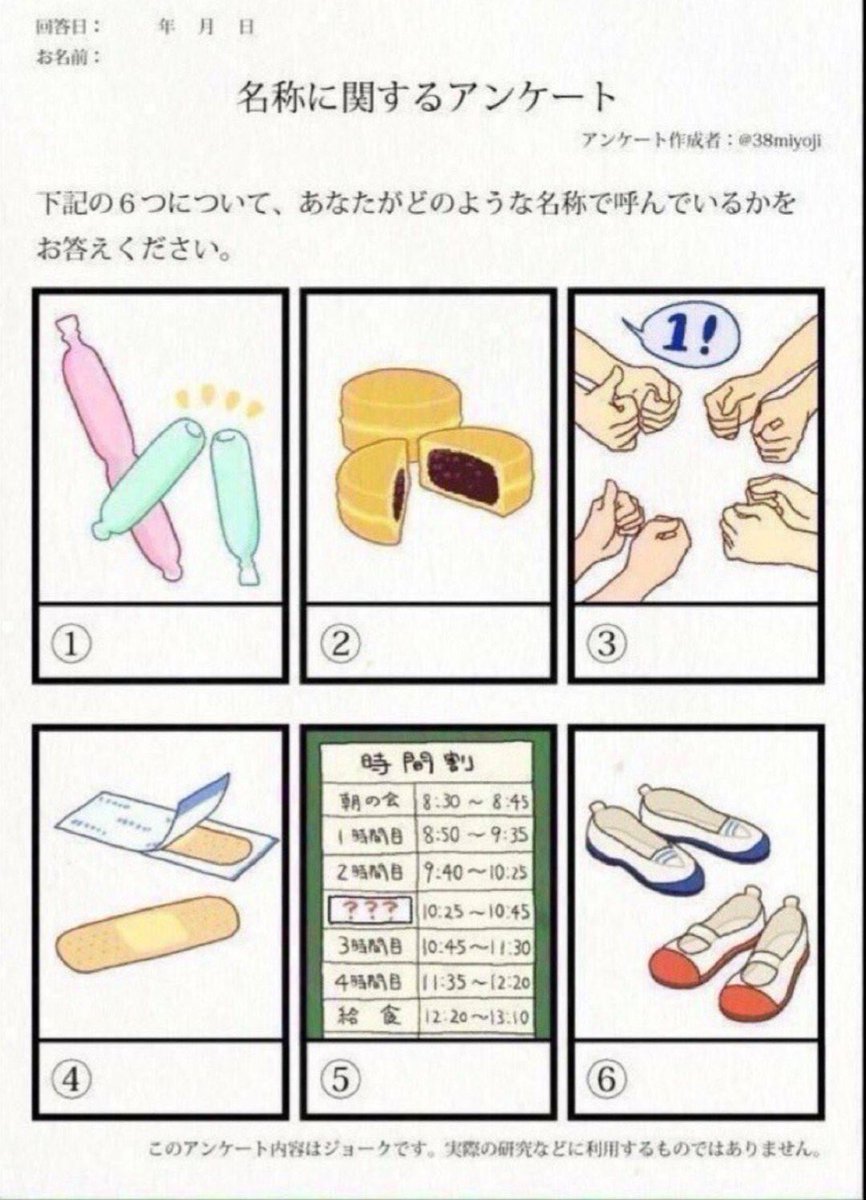 #名称に関するアンケート
①パッキンアイス・チューペット
②大判焼き
③バリチッチ
④絆創膏
⑤中休み
⑥上履き 