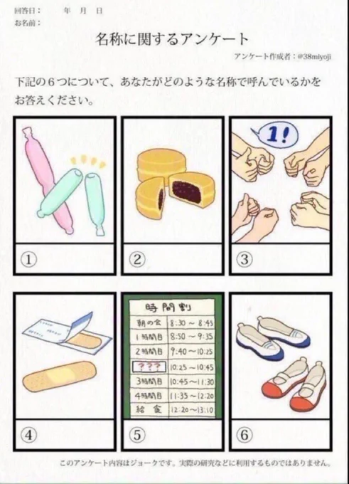 #名称に関するアンケート
①パッキンアイス・チューペット
②大判焼き
③バリチッチ
④絆創膏
⑤中休み
⑥上履き 