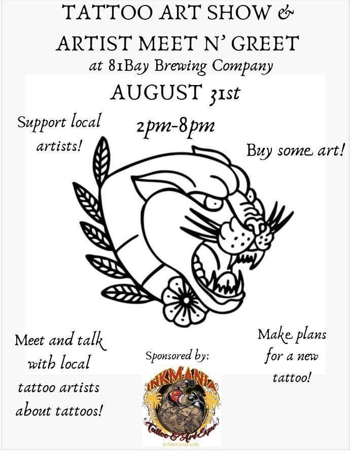 StigmaInktattoo's tweet photo. 81Bay Brewing Company is looking for local artists from the Tampa Bay &amp; St Petersburg area to bring their artwork. This Saturday, Aug, 31 from 2pm - 8pm ( Free Booth ) get in contact with me Chino Gonzalez
#localart #81baybrewing #inkmaniaexpo #tampabay #stpetersburg https://t.co/eF7M6sKGCz