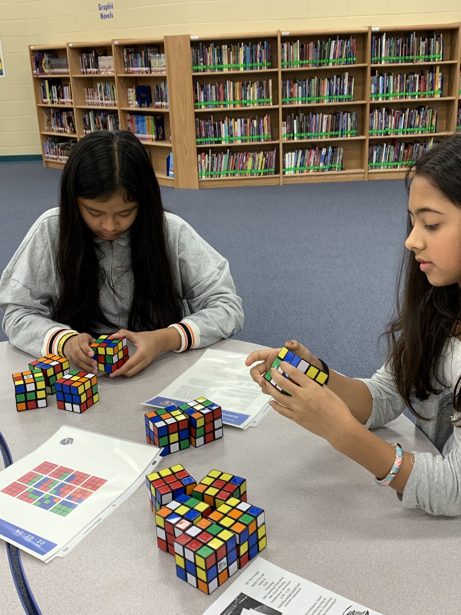 NISDStinsonLib's tweet photo. Math in the library? Of course! 6th grade math is enjoying the #rubikscubechallenge today #NISDLibraries collaborate with all content areas! Can YOU #dothecube ? Stop by the @NISDStinsonLib this month to participate! @NISDLib #NISDLegends @TYasger https://t.co/KQY898S4JI
