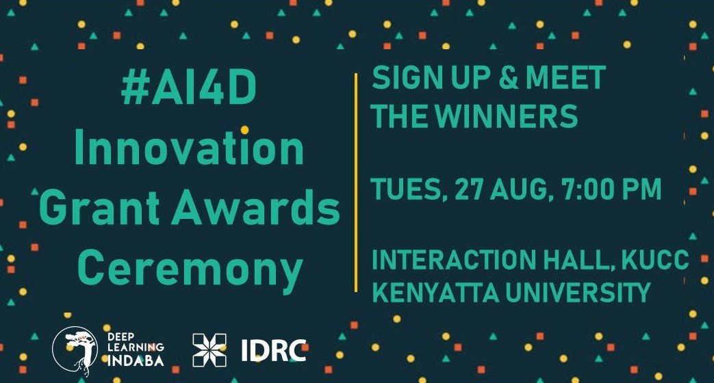 AI4Dev's tweet photo. Hi #AI4DNetwork & Friends,
Join us and meet the winners of the #AI4D Innovation Grant Awards tonight at 7 PM @DeepIndaba #DLIndaba2019.
UPDATE: Interaction Hall – KUCC @KenyattaUni
To learn more about the winners: https://t.co/Iid6aGxHCl
@siminyu_kat #SautiYetu @IDRC_CRDI https://t.co/sd5s2oTDpI