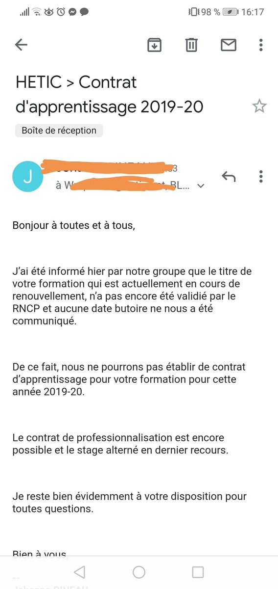 le_tank_kta's tweet photo. Ravie d'avoir quitté cette école d'incompétents qui nous dit à 5 jours de l'alternance que notre formation n'est plus certifiée et que par conséquent il est impossible de signer un contrat de professionnalisation. 
@hetic, je tire mon chapeau.
#ecoleweb #formationweb #honteux https://t.co/OtSq4mK9Cp