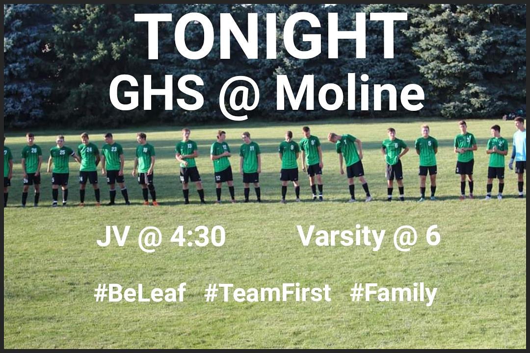GHSSoccer2's tweet photo. Come cheer on our men as they take on Moline tonight in our new conference!  Good luck guys!  #BeLeaf #TeamFirst #Family https://t.co/2yEEd945Fa