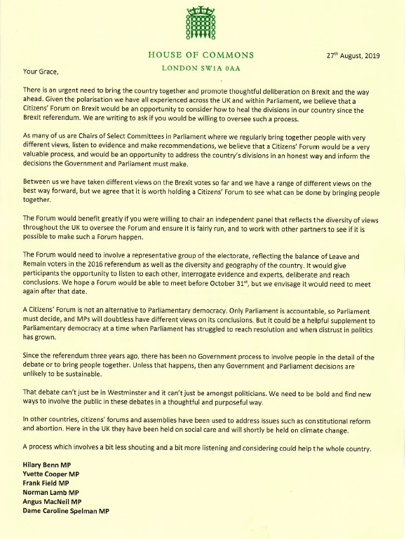 Eleni Courea (@elenicourea) on Twitter photo NEW: <a href="/hilarybennmp/">Hilary Benn</a>, <a href="/YvetteCooperMP/">Yvette Cooper</a>, <a href="/frankfieldteam/">Frank Field</a>, <a href="/normanlamb/">Norman Lamb</a>, @AngusMacNeilSNP and @spelmanc have written to the Archbishop of Canterbury asking him to chair a citizen's assembly on Brexit NEW: <a href="/hilarybennmp/">Hilary Benn</a>, <a href="/YvetteCooperMP/">Yvette Cooper</a>, <a href="/frankfieldteam/">Frank Field</a>, <a href="/normanlamb/">Norman Lamb</a>, @AngusMacNeilSNP and @spelmanc have written to the Archbishop of Canterbury asking him to chair a citizen's assembly on Brexit