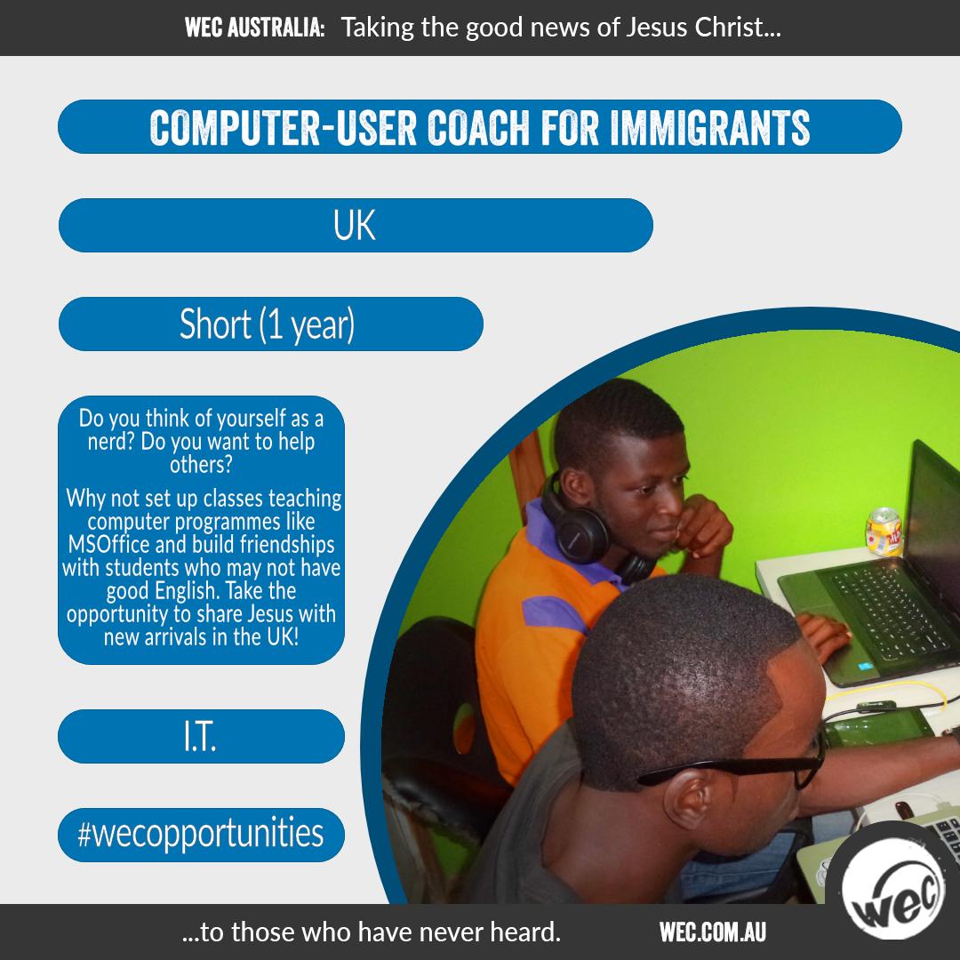 wecaustralia's tweet photo. It's #wecoppstuesday!
Are you skilled in I.T. and want to #servejesus overseas? If so we have #wecopportunities for you! Have you ever considered loving like Jesus loves whilst training migrants in basic computer skills? If not, take the time to dream.

https://t.co/BTzqM1MCnJ. https://t.co/e7DWgI02eI