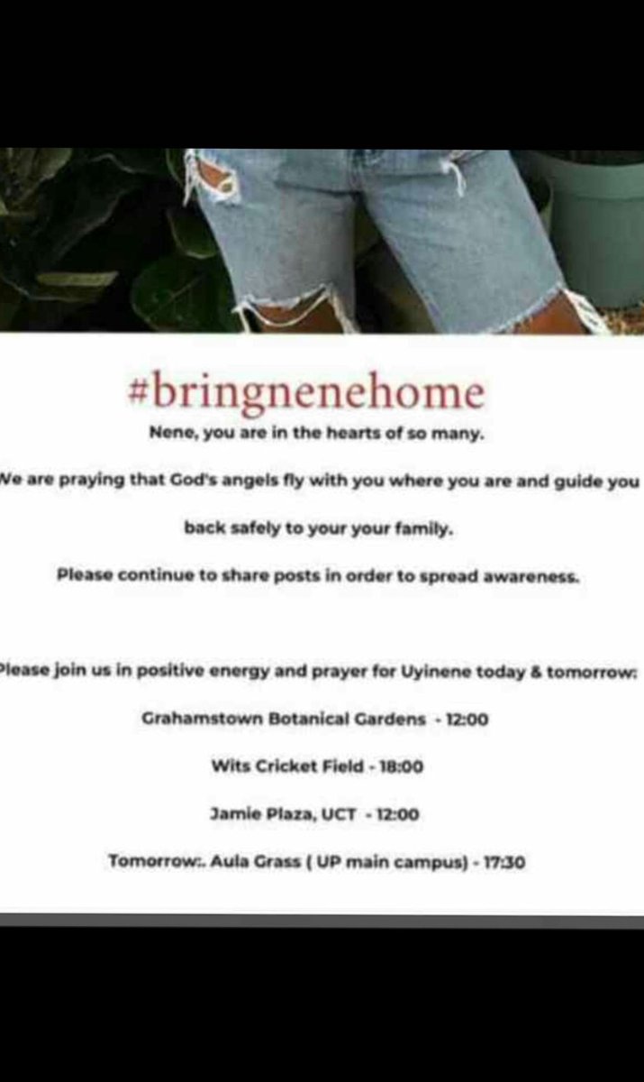 SinoDangazele's tweet photo. These are the prayer sessions which have been organised by Uyinene's friends from different locations across the country. . Please do join us if you are available💛💛 #bringNenehome https://t.co/q9Rq0qRCLG