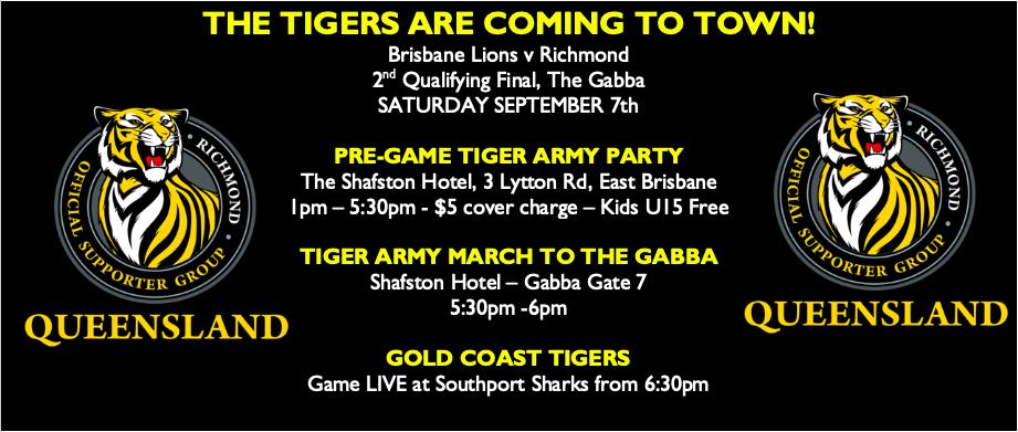 leachitup's tweet photo. Travelling Tigers, everything you need to know for the upcoming game at The Gabba.

The QLD Tigers can't wait to see you up here.

More at: https://t.co/62VAG5Bz2B 

#gotiges #AFLFinals https://t.co/v5QLTFkLpD
