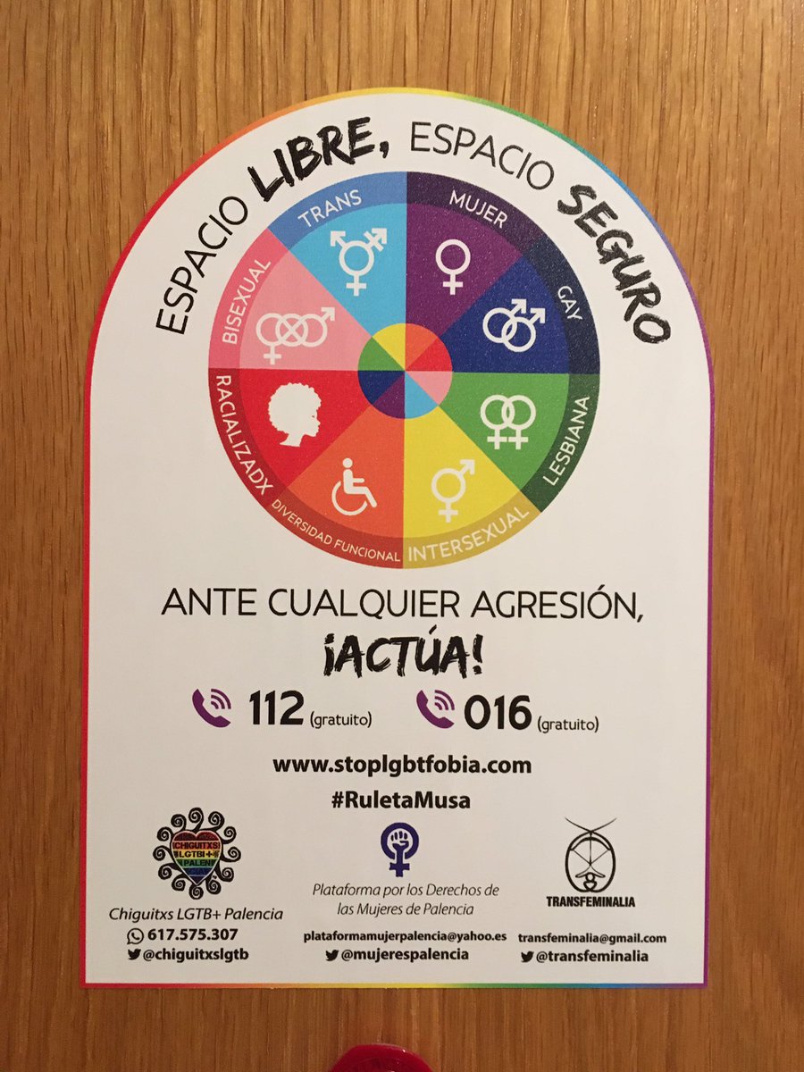 Ayer presentamos, junto a la <a href="/mujerespalencia/">Five Crypto</a> y <a href="/transfeminalia/">Transfeminalia</a>, la campaña #RuletaMusa, para prevenir y actuar frente a las agresiones machistas, homófobas, tránsfobas, racistas y otras en lugares de ocio en nuestra ciudad. Este adhesivo indica espacios libres y seguros