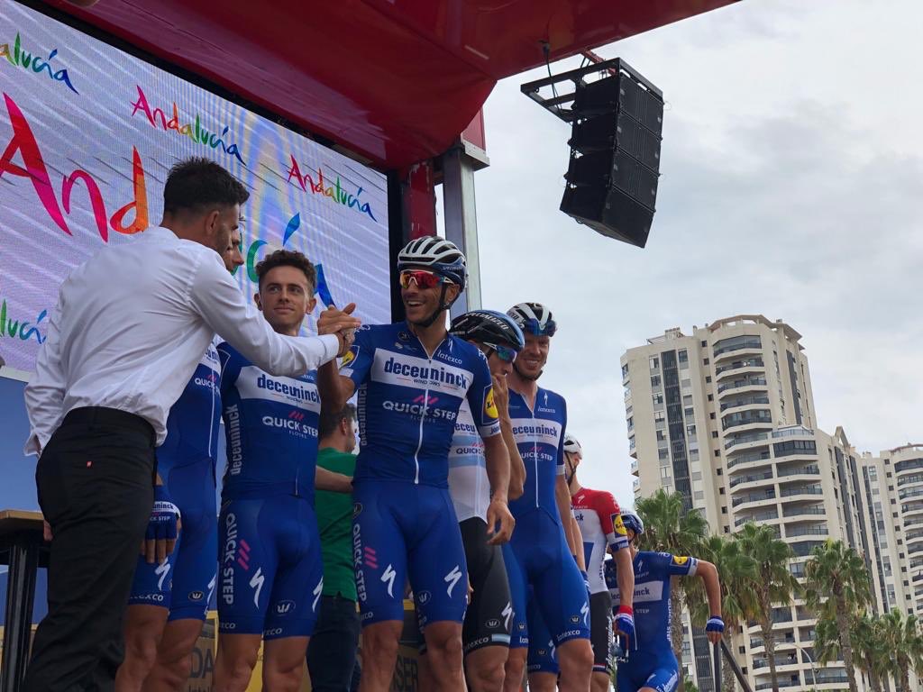 soudalquickstep's tweet photo. On the podium before the start to receive the prize for the best team on #LaVuelta19 stage 3 😃
#TheWolfpack https://t.co/6rDzQEaiCD