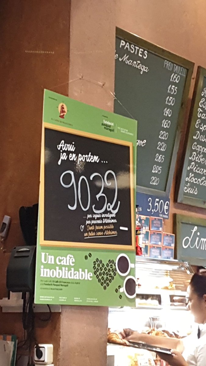 fpmaragall's tweet photo. Il Caffe di Francesco ha iniciat la campanya “Un cafè inoblidable per un futur sense Alzheimer”. Per cada cafè 
☕ servit, 0.10€ aniran destinats als projectes de recerca de la Fundació. Moltes gràcies per ajudar-nos a construir un futur sense Alzheimer! 💚 https://t.co/dVesPWsXU3