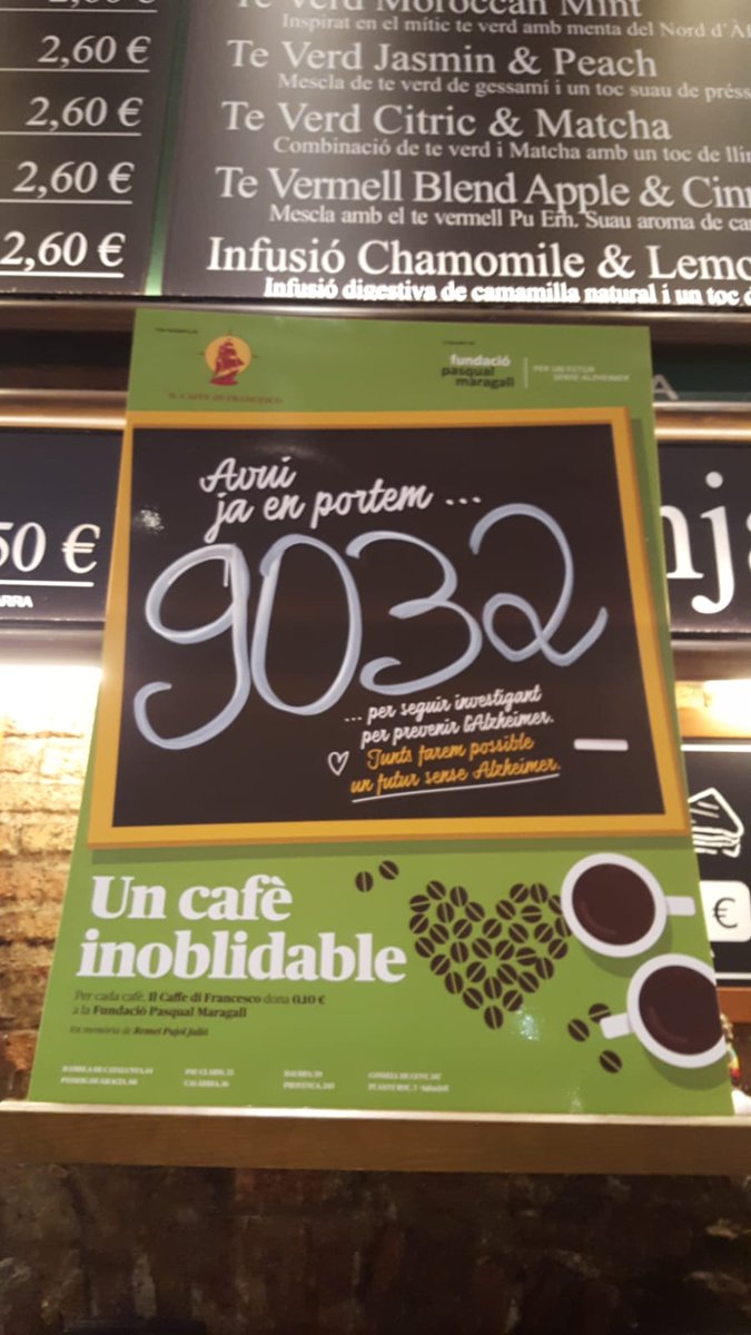 fpmaragall's tweet photo. Il Caffe di Francesco ha iniciat la campanya “Un cafè inoblidable per un futur sense Alzheimer”. Per cada cafè 
☕ servit, 0.10€ aniran destinats als projectes de recerca de la Fundació. Moltes gràcies per ajudar-nos a construir un futur sense Alzheimer! 💚 https://t.co/dVesPWsXU3