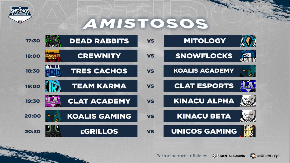 sinfrenosleague's tweet photo. 📌AMISTOSOS

17:30 @DeadRabbitsClub 🆚 @MitologyEsport
18:00 @crewnity 🆚 @Snowflocks1
18:30 @TresCachosTeam 🆚 @Koalis_Gaming
19:00 @TeamKarmaRL 🆚 @ClatEsports
19:30 @ClatEsports 🆚 @KinacueSports
20:00 @Koalis_Gaming 🆚 @KinacueSports
20:30 @grillos_eSports 🆚 @UnicosGaming https://t.co/xmYyUtPyUA