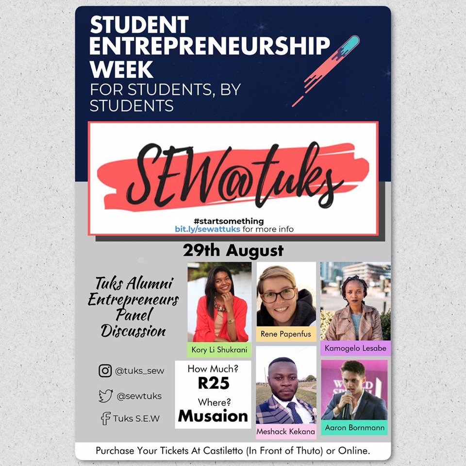 SEW@TuksPanel Discussion
Get some insights on how to balance being a student and run a business from Tuks Alumni! Book your ticket to join the panel discussion taking place on 29 August 2019 online via Quicket bit.ly/sewattukspanel. <a href="/sewtuks/">Tuks SEW</a> <a href="/UPTuks/">University of Pretoria</a>  #startsomething #SEW