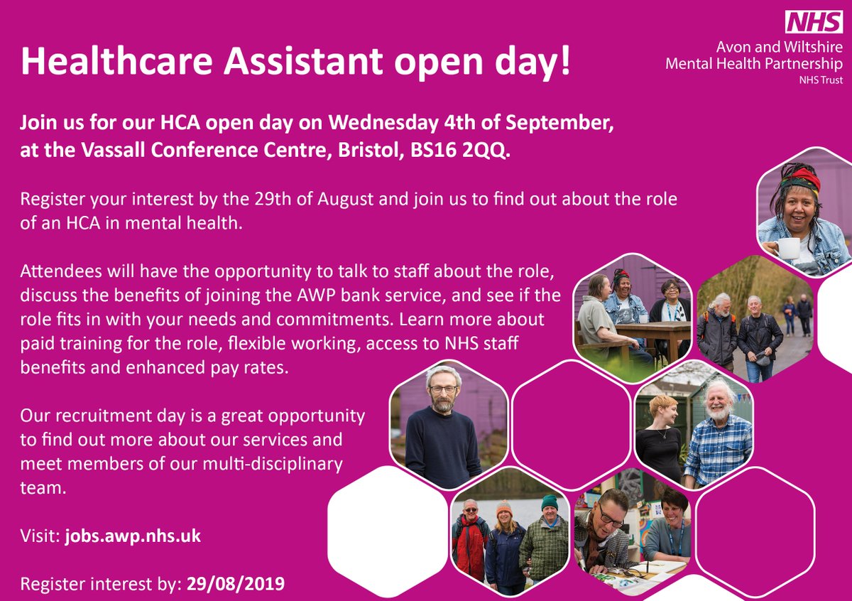 AWPNHS's tweet photo. Looking for flexible hours that work around your commitments? Join our HCA open day in Bristol on Wednesday 4th of September.

Register by 29th of August here: https://t.co/Wq0FqMICwm

#Jobs #Careers #Bristol #HCA #NHS #MentalHealth #NHSjobs https://t.co/smn6UkMHEg