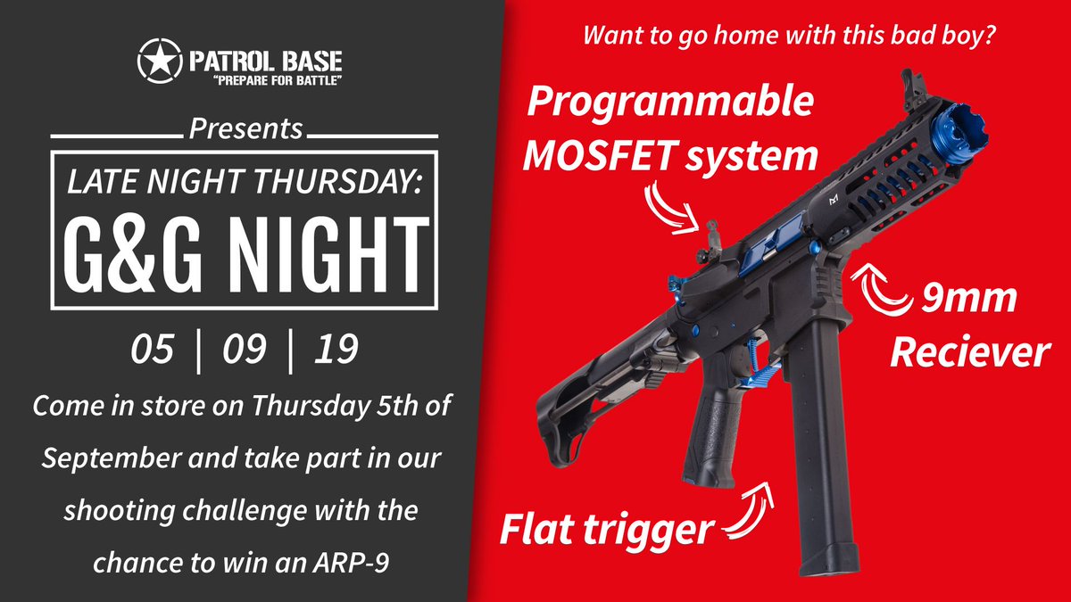 PatrolBase's tweet photo. Want to come home with this bad boy? Come drop in on Thursday 5th of September and take part in our shoot-out competition and you could win!

#latenightthursday #guayguay #shootingcomp #airsoft #6mm #airsoftuk https://t.co/1rp3kq6uTG