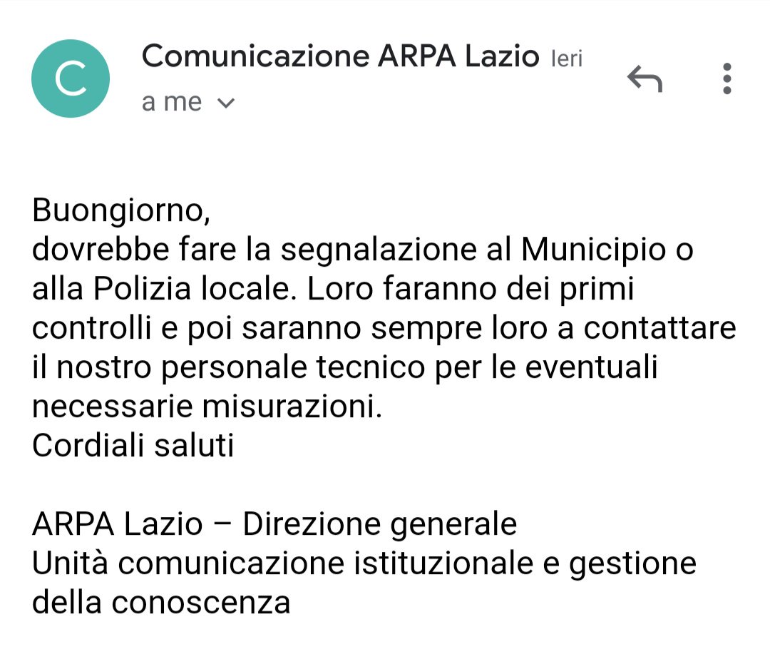 machine1104's tweet image. Risposta di @ARPALazio alla mia segnalazione riguardo gli autobus perennemente accesi al capolinea @EnricoStefano @virginiaraggi @ATtACcatiAlBus 
Come al solito il cittadino si deve arrangiare