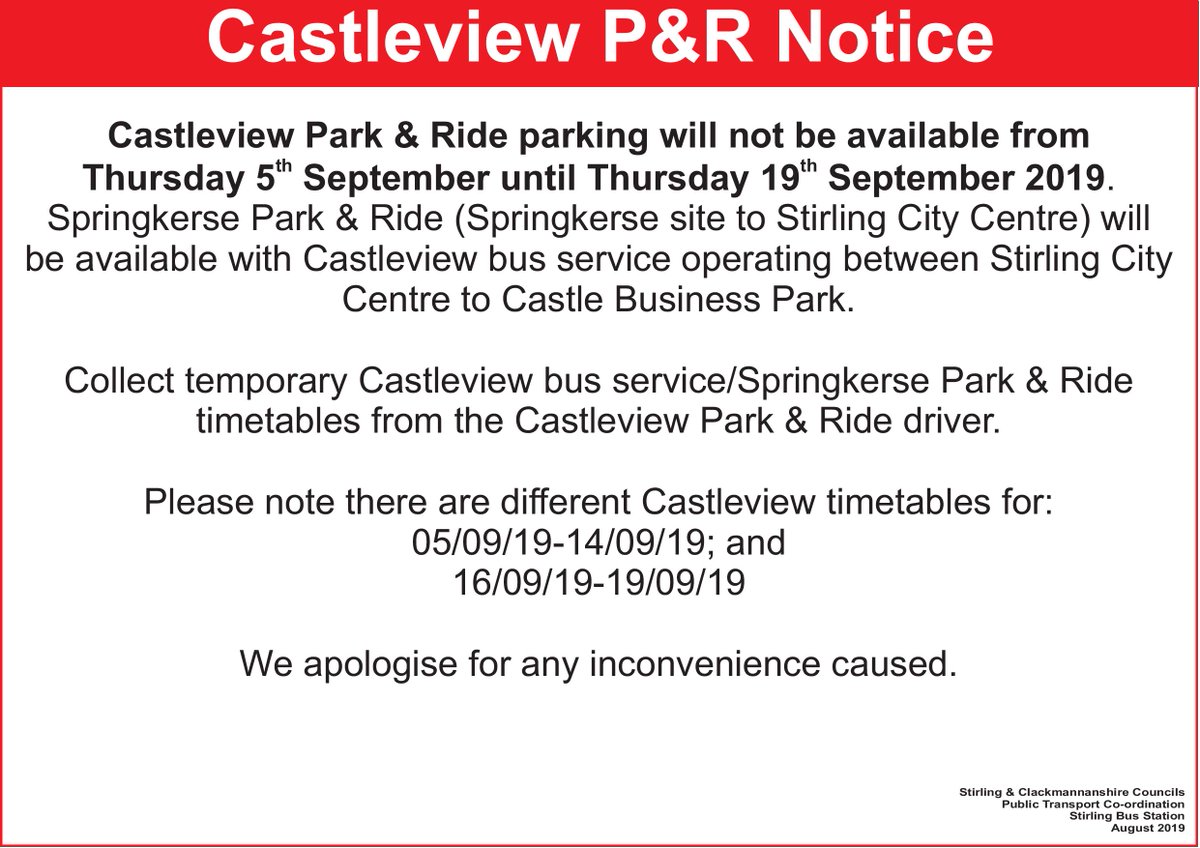 StirlingCouncil's tweet photo. The #Castleview Park&Ride site will be temporarily closed Thur 5 - Thur 19 Sept due to the Solheim Cup.
The Park&Ride will start and finish at Castle Business Park and will not serve Castleview. No other route changes.
The #Springkerse Park&Ride will operate as normal. https://t.co/hNyUQf7WMo