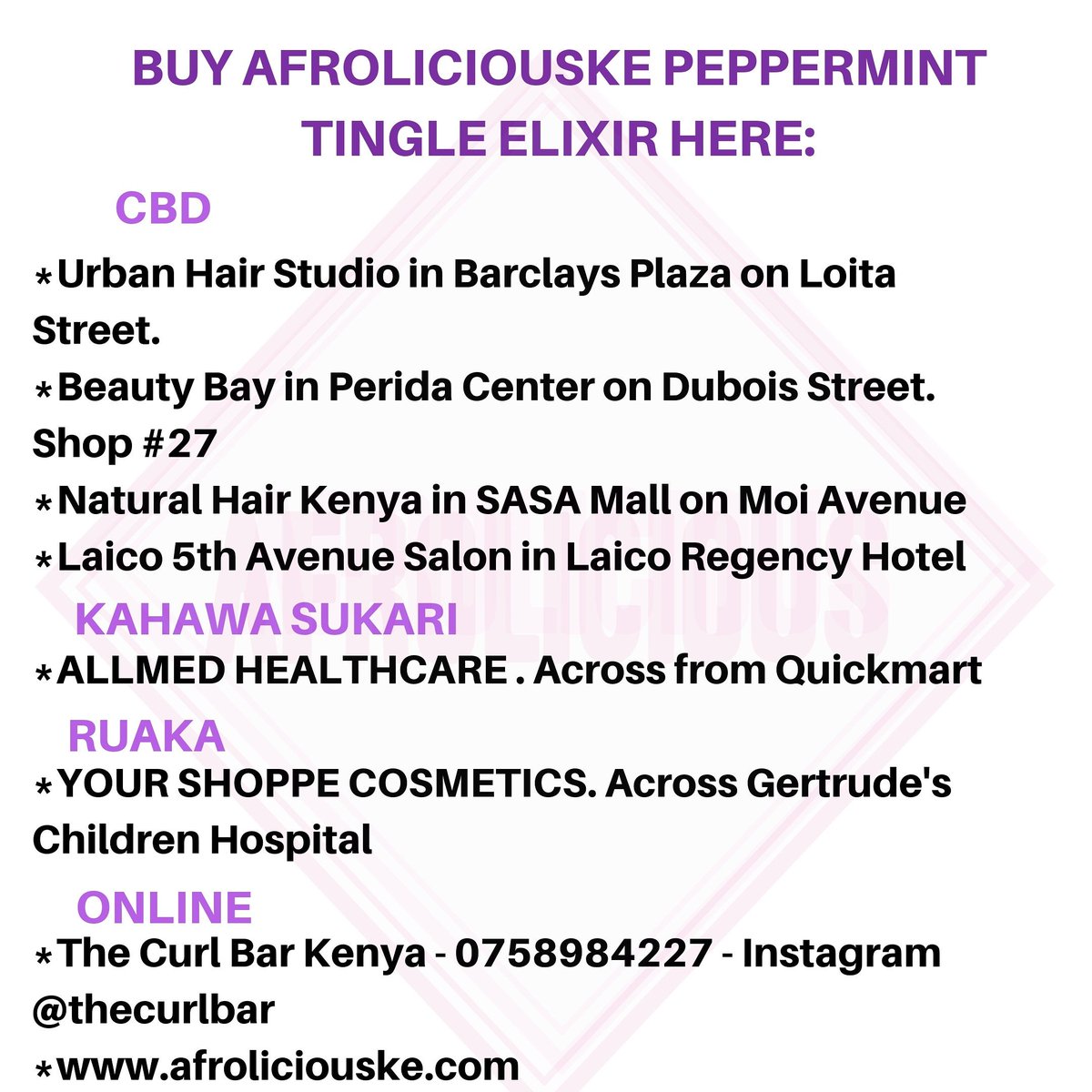 Meka_Kenya's tweet photo. Your favourite product is super easy to get your hands on no matter where you are located!! Contact any of our stockists to get a bottle.....or two.๐
#afroliciouske #afrolicious #peppermintelixir #peppermint #haircare #scalpcare #naturalhaircare #coldpressedoils https://t.co/ZCEiEOUeGw