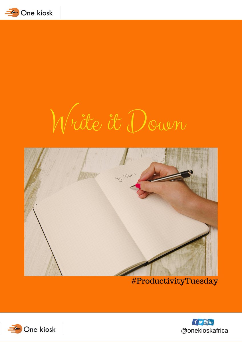 onekioskafrica's tweet photo. Write down every task, plan or goal. This frees your mind from the energy- and attention-sucking job of trying to remember.

#ProductivityTuesday #OneKioskAfrica #AchieveMore https://t.co/g0Z2wSiNUI