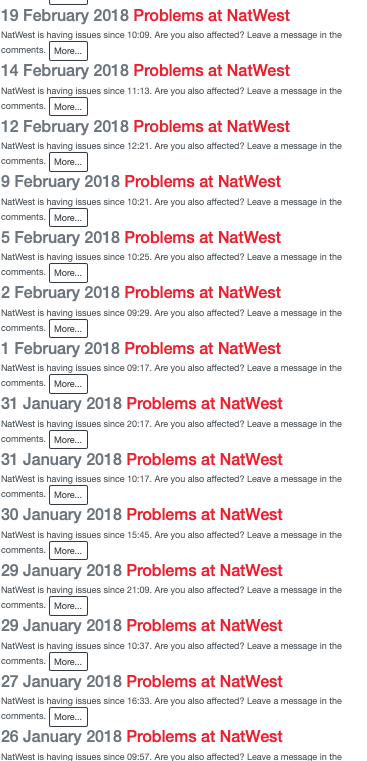 Triumphboi1's tweet photo. @NatWestBusiness issues taken from the @DowndetectorUK site today Honestly folks don't make the mistake I have of banking with these muppets #shambles #incompetent https://t.co/rTfo6kaDZY