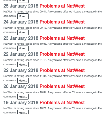 Triumphboi1's tweet photo. @NatWestBusiness issues taken from the @DowndetectorUK site today Honestly folks don't make the mistake I have of banking with these muppets #shambles #incompetent https://t.co/rTfo6kaDZY