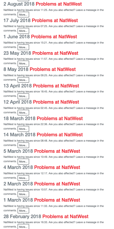 Triumphboi1's tweet photo. @NatWestBusiness issues taken from the @DowndetectorUK site today Honestly folks don't make the mistake I have of banking with these muppets #shambles #incompetent https://t.co/rTfo6kaDZY