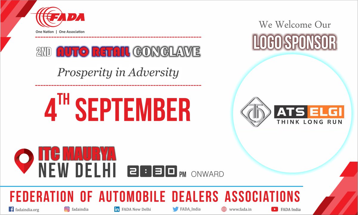 FADA_India's tweet photo. Proud to announce 
@atselgi

as our Logo Sponsor at #AutoRetailConclave2019
scheduled to be held on 4 September 2019 at Hotel ITC Maurya, New Delhi.

#ONOA #AutoRetail #AutoConclave #Conclave2019 https://t.co/oOteJN7Dh0