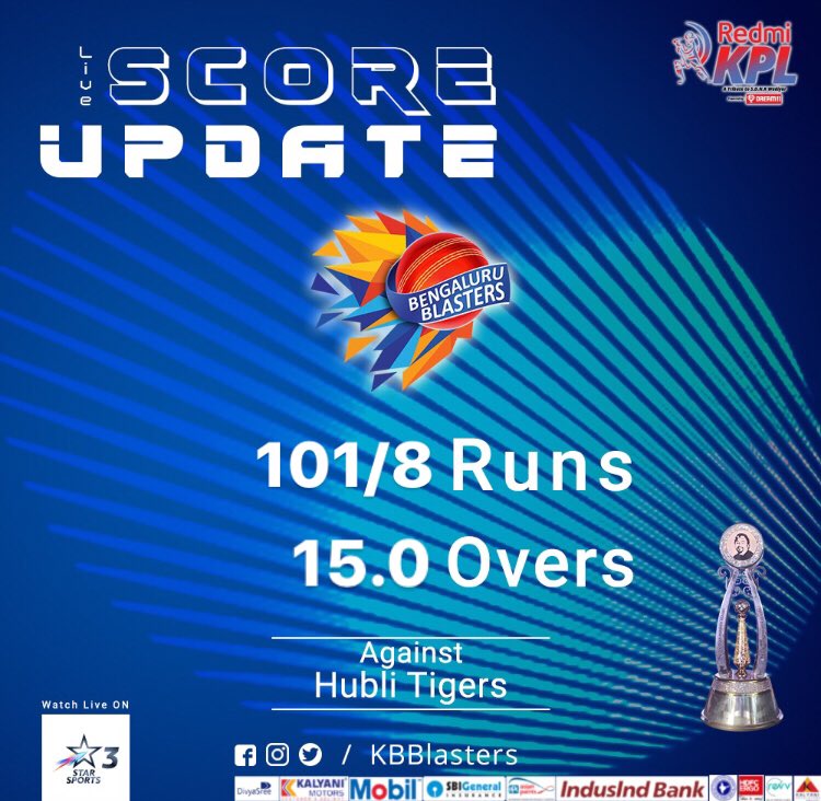 kbblasters's tweet photo. SCORE UPDATE
#kpl #kplnoduguru #bengalurublasters #htvsbb #kpl2019 https://t.co/Y0UW5kwlED