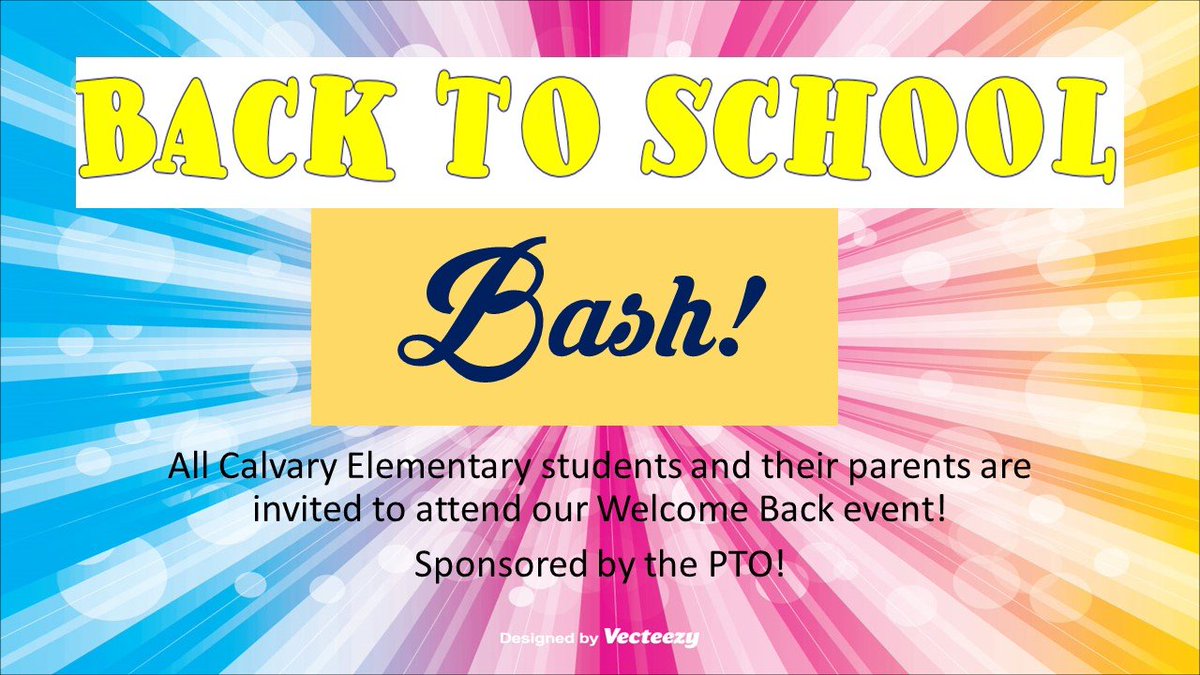 CalvaryElem's tweet photo. Back to School Bash Thursday Aug 29 @ 6:00pm for Calvary Students. Children must have supervision. Also please wear suits that cover. No 2 piece suits and boys need a shirt with trunks. Thanks! Waterslides and Kona Ice @CalvaryElem https://t.co/R8oS6lSlgp
