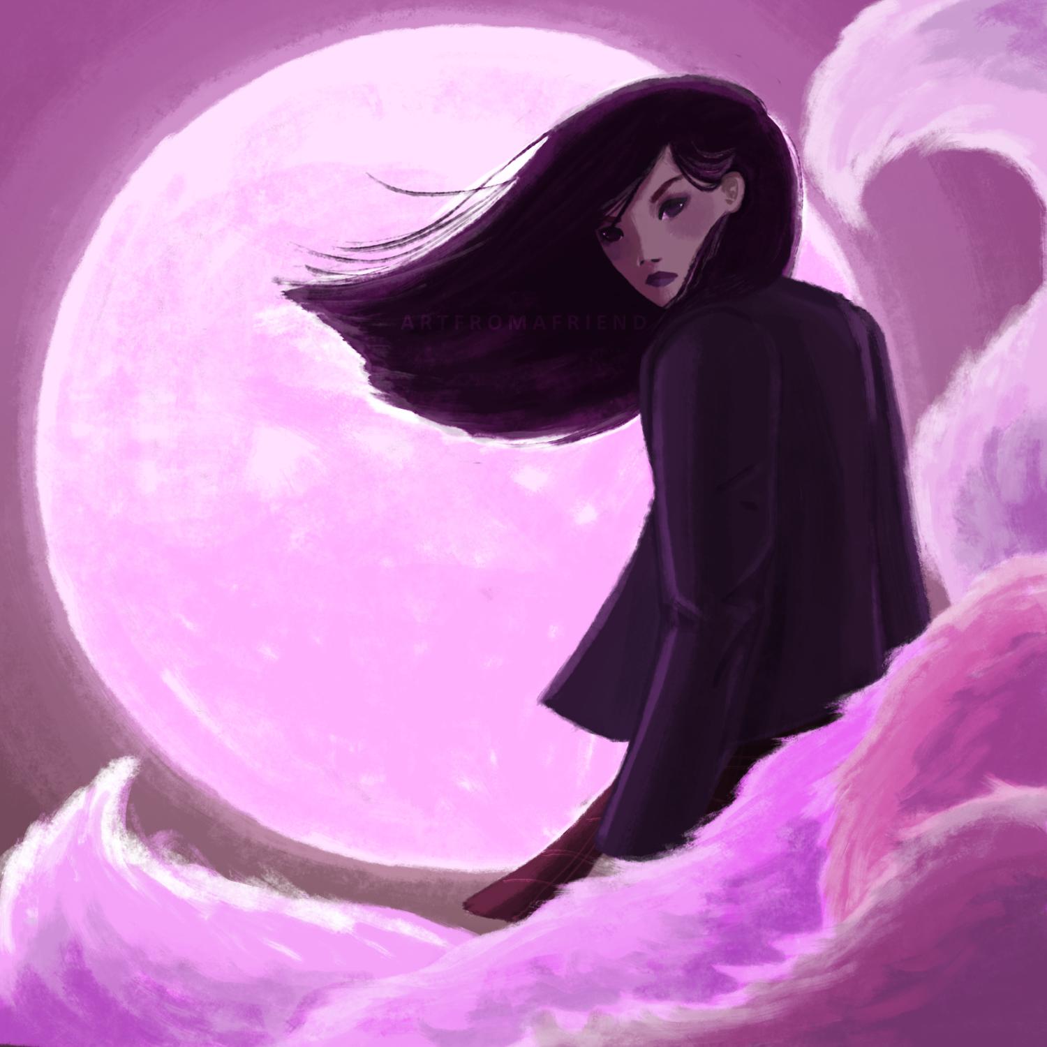 An illustration of a Korean girl/gumiho (fox spirit) with long hair, tails behind her, with a bright full moon behind her.