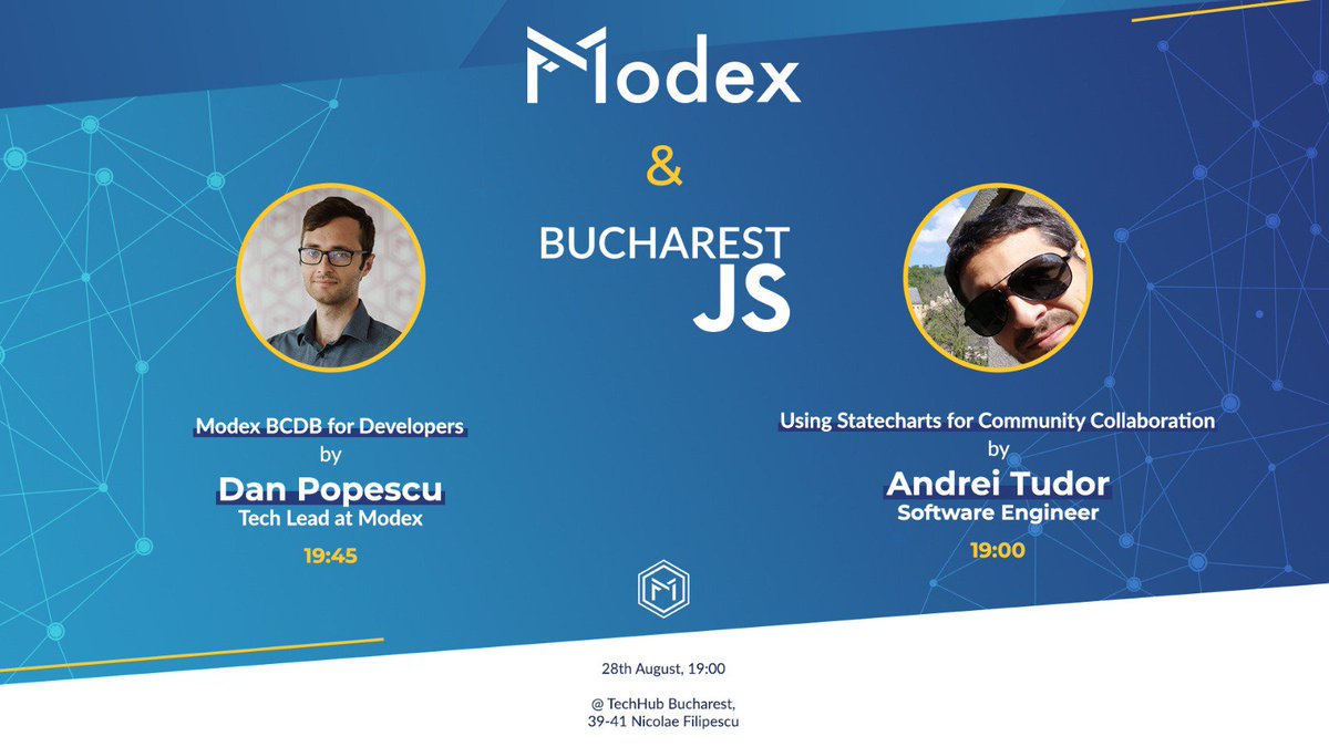 modex_tech's tweet photo. Dear #community, we're back after the summer holiday for August #BucharestJS #Meetup with two special talks:
19:00 Using Statecharts for Community Collaboration by Andrei Tudor
19:45 #Modex #BCDB for #Developers by Dan Adrian Popescu - Tech Lead at Modex

https://t.co/8kFd1R1u10 https://t.co/PPcnLuthju