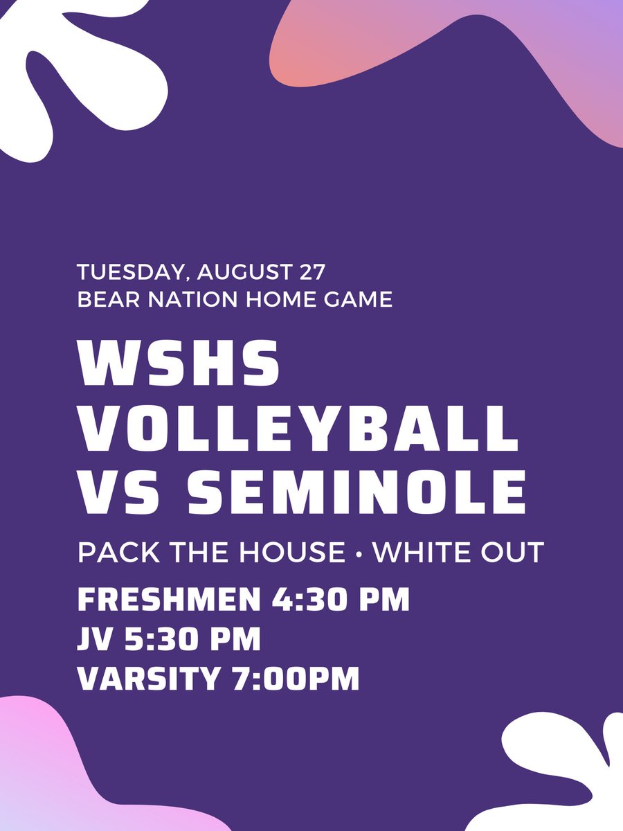 wspurplepeople's tweet photo. volleyball game tonight! see you there bears. pack the house in white !!! #beatshs 
@wshsco2020 @BearNationWSHS @WSBearAthletics @wshsbearsvball @Petes_dragons https://t.co/tSl2w4K8wT