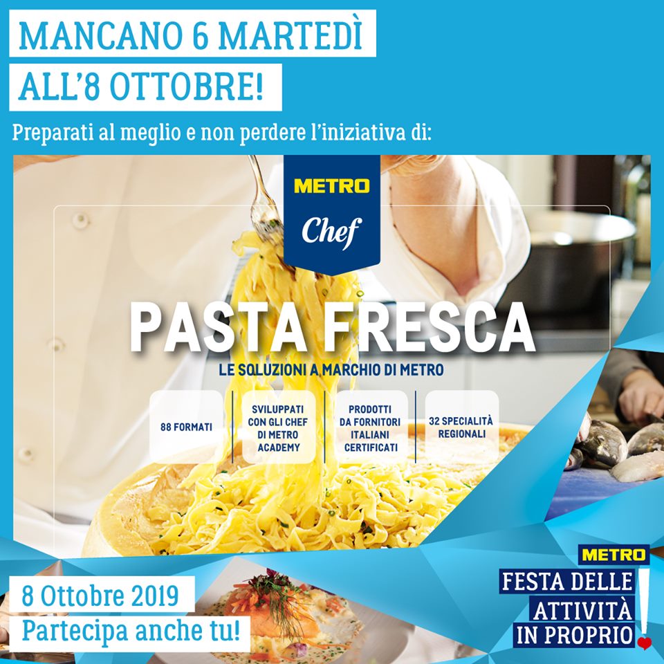Mancano 6 Martedì all'8 Ottobre! Paccheri, ravioli, tagliolini… con la selezione della pasta fresca #METROChef c’è l’imbarazzo della scelta! 32 specialità regionali, 88 formati e la qualità certificata di fornitori italiani! Crea la tua ricetta speciale #LoveOwnbusiness