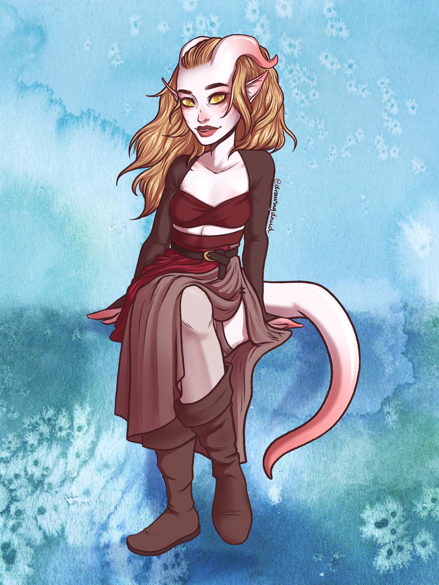 The drawing shows the Tiefling Moira sitting. She has bright white skin with pink blushing all over, her blonde hair is open and flows in a breeze. She’s wearing brown boots, a brown and red skirt, a dark red shirt and dark brown sleeves. She is smiling openly and maybe a little bit seductively.