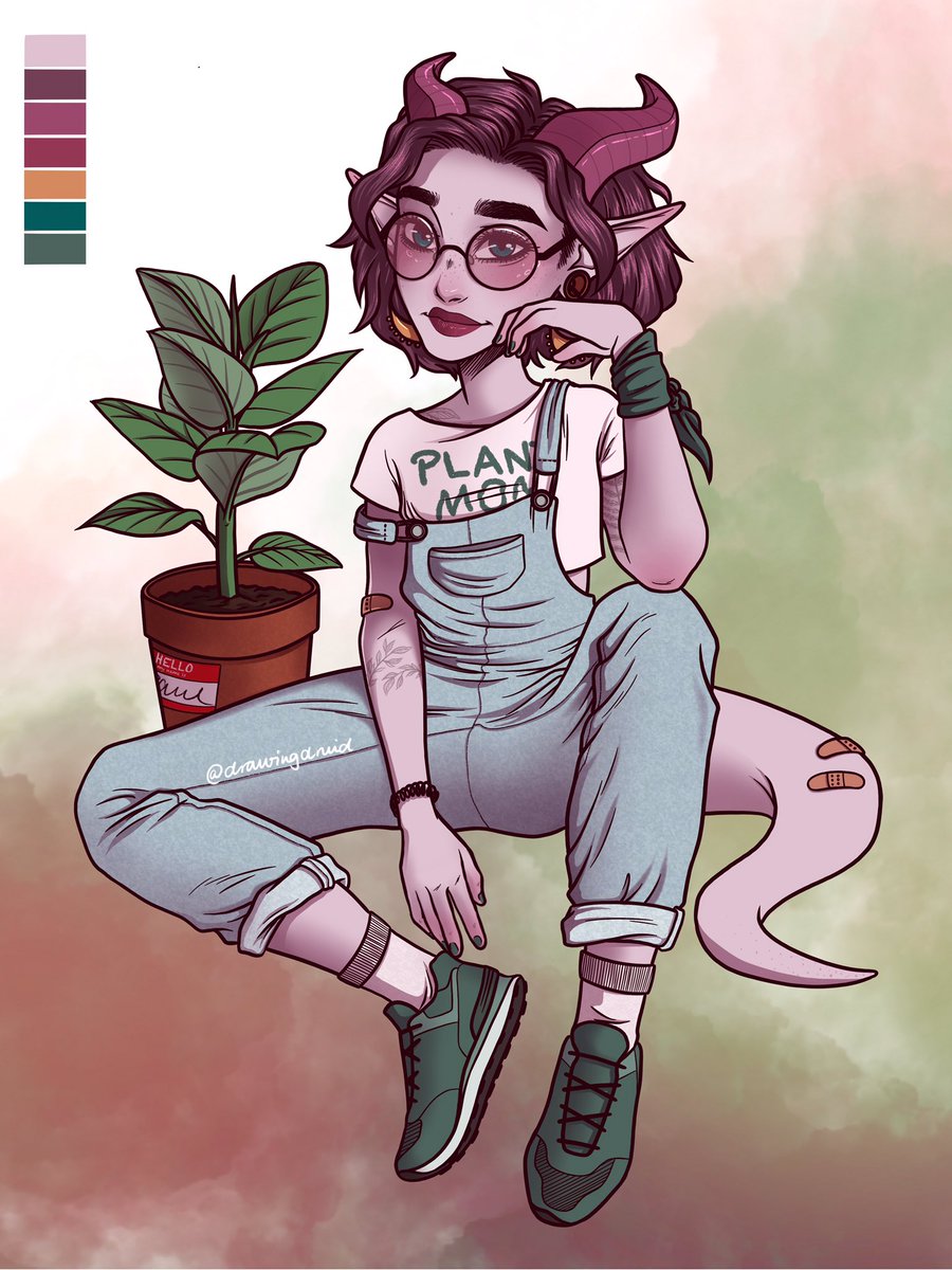 Drawing of Fearne, a light dusty pink colored Tiefling with purple hair and horns. She’s sitting on the floor, relaxed. One hand touches her chin, she’s smiling gently. Her outfit consist of light blue overalls, a white cropped shirt that says „plant mom“, green sneakers and round glasses with tinted lenses. Behind her is a plant in a pot.