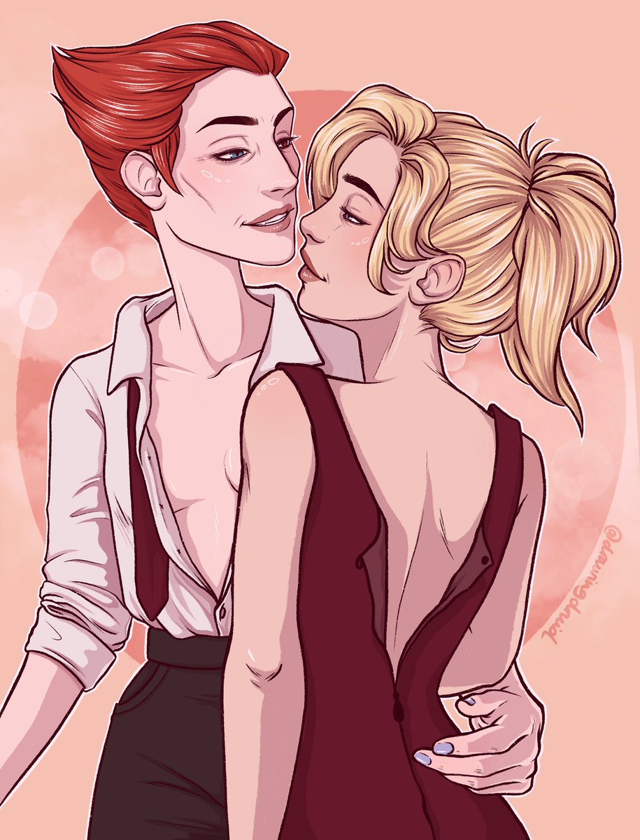 The drawing shows Mercy and Moira from Overwatch, lightly embracing and almost kissing. Moira, who is wearing black pants, an open white button up shirt and an untied tie, seems to be opening the zipper on Mercy‘s dark red dress.