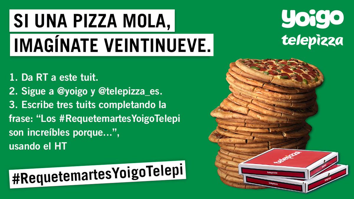 yoigo's tweet photo. 🍕📺 #CONCURSO 🍕📺

¿Una pizza os sabía a poco? Entonces id haciendo hueco en vuestros estómagos porque… ¡aquí van 29 más!

¡A POR ELLAS! Habrá 29 ganadores distintos y tú puedes ser uno de ellos. 

#RequetemartesYoigoTelepi https://t.co/woygXt8R8q