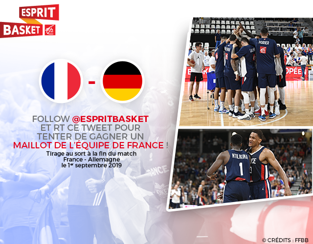EspritBasket's tweet photo. #EspritBasket Dimanche débutera la Coupe du Monde de basketball 2019 ! #FIBAWC2019 🏀

A l'occasion du 1er match des Bleus 🇫🇷, France - Allemagne, tentez de gagner un maillot des Bleus : follow + RT ce tweet ! 💯 https://t.co/xHXsXE9rCb