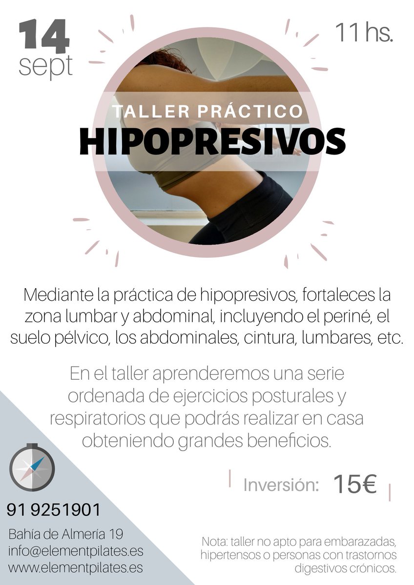 element_pilates's tweet photo. ¡Próximo taller de hipopresivos el sábado 14 de septiembre! Reserva tu plaza y no te lo pierdas https://t.co/TuzESAbCkX