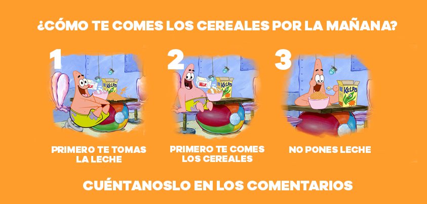 ¡Te ponemos a prueba con los cereales! 😝 

¿Cómo te comes los cereales? Como en la foto 1, 2  o 3 🤔 Dejanos tu respuesta en los cometarios. 👇

#Nickelodeon #comida #cereales #leche #desayuno #BobEsponja