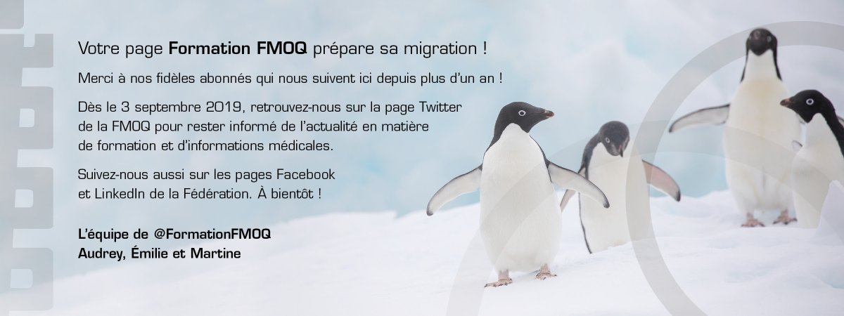 Merci à nos fidèles abonnés qui nous suivent ici ! Dès le 3 sept., retrouvez-nous sur la page Twitter de la FMOQ (fal.cn/33E8I) pour rester informé de l’actualité en matière de formation et d’informations médicales. #FormationFMOQ #Migration #RéseauxSociaux #FMOQ